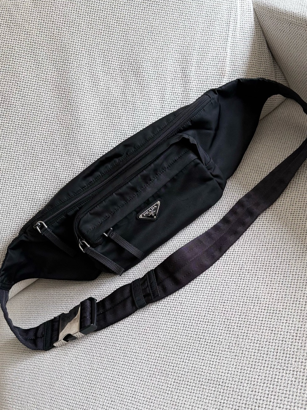 Authentic Prada Black Nylon Tessuto Belt bag in black